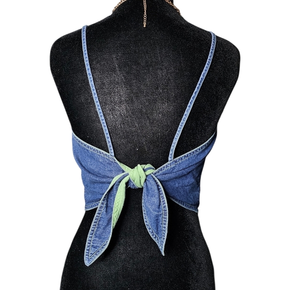 Vintage 90s/Y2K Ann Taylor Denim Tie-Back Crop Top - Size S - Picture 2 of 4